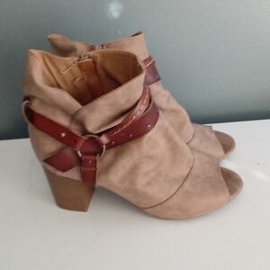 Tan Suede Peep Toe Ankle Boots Chunky Heel Zipper Embellished Strap
